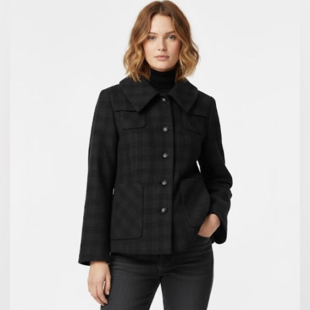 MACKAGE Plaid Check Bell Sleeves Wool Coat Jacket Leather Pockets Lined Collar L